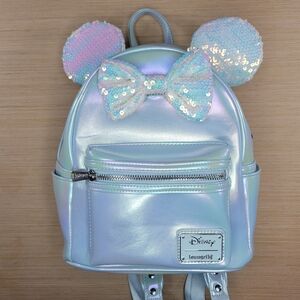 ​Disney Loungefly Minnie Mouse Iridescent Blue Sequin Bow Mini Backpack 2023